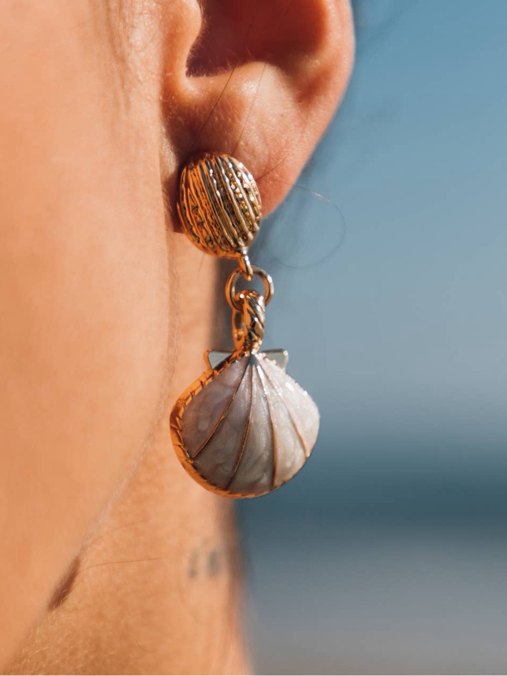 Ivory Seashell Drop Earrings Gold Tone | Coastal Beach Statement Earrings